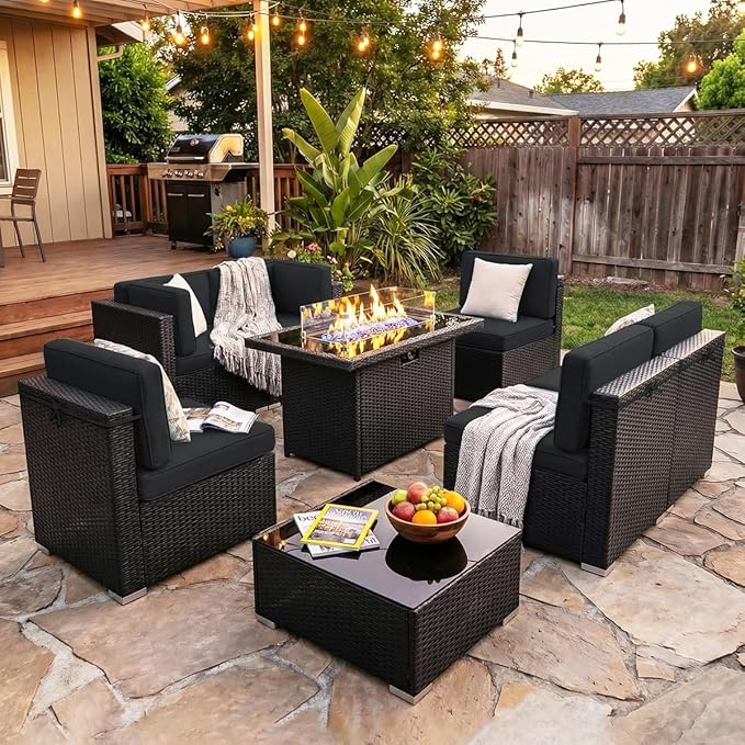 8 Pieces Patio Furniture Set with 44" Propane Gas Fire Pit Table, Outdoor Sectional Wicker Conversation Sofa Sets with Coffee Table