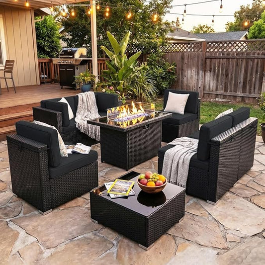 8 Pieces Patio Furniture Set with 44" Propane Gas Fire Pit Table, Outdoor Sectional Wicker Conversation Sofa Sets with Coffee Table