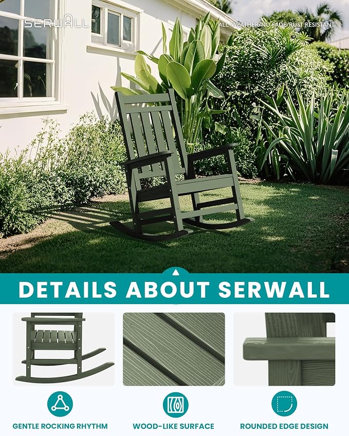 SERWALL Oversized Outdoor Rocking Chair Set of 2, HDPE Rocker for Adults, Patio Rocking Chairs for Porch, Avocado Green - Image 4