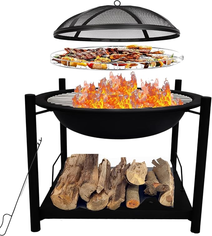 SereneLife Outdoor Wood Fire Pit - 26" Steel BBQ Grill with Mesh Spark Screen, Log Grate, Fire Poker & Cover for Camping, Picnic, Bonfire - Durable, Easy to Assemble, 2 in 1 by SereneLife