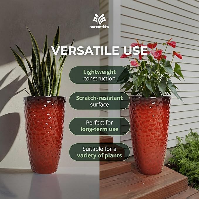 Worth 2 Pack 24" Tall Large Plastic Planter with Drainage Hole, Round Decorative Flower Plant Pit for Indoor or Outdoor Gardening, Glossy Red