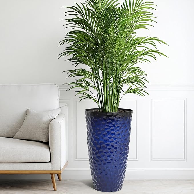23.75" H Large Tall Outdoor Planters, Set of 2 Plastic Large Flower Pots for Outdoor Plants, Gradient Cobalt Blue Honeycomb Textured, Weather-Resistant for Porch, Garden, Patio or Indoor Use