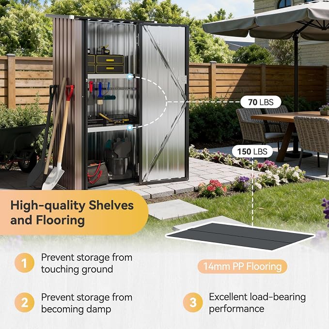 Aoxun 2.5x2FT Outdoor Storage Cabinet with Floor, Metal Tool Shed with Adjustable Shelves & Lockable Door, Weatherproof Outdoor Cabinet for Patio, Garden, Backyard - Image 4