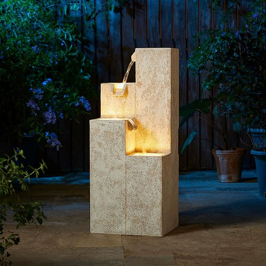 Glitzhome 34" H Outdoor Water Fountain with LED Light and Pump, 4-Tier Vintage Faux Terrazzo Geometric Square Column Polyresin Outdoor Floor Standing Fountain for Porch Deck Patio Backyard