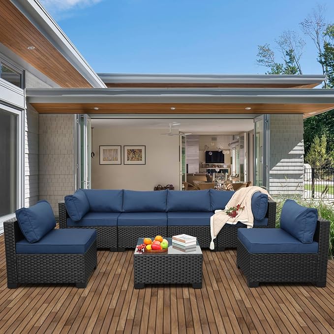 Valita 7 Pieces Outdoor Wicker Furniture Conversation Set Patio Sectional Sofa Set Glass Table with Non-Slip Cushions Furniture Cover, Navy Blue