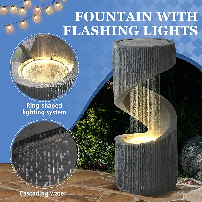 31.9" Outdoor Garden Water Fountain, S-Shaped Cascading Fountains and Waterfalls with LED Lights & Splash-Proof Net, Indoor/Outdoor Floor Standing Water Feature for Patio, Backyard, Home Decor
