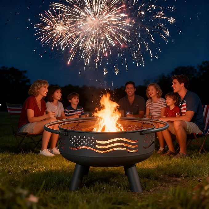 Breezz 32 Inch American Flag Fire Pit with Mesh Cover & Poker, Round Metal Wood Burning Outdoor Firepit for Patio, Garden, Backyard, Bonfire, Ideal for 4th of July, Memorial Day, Christmas - Image 7