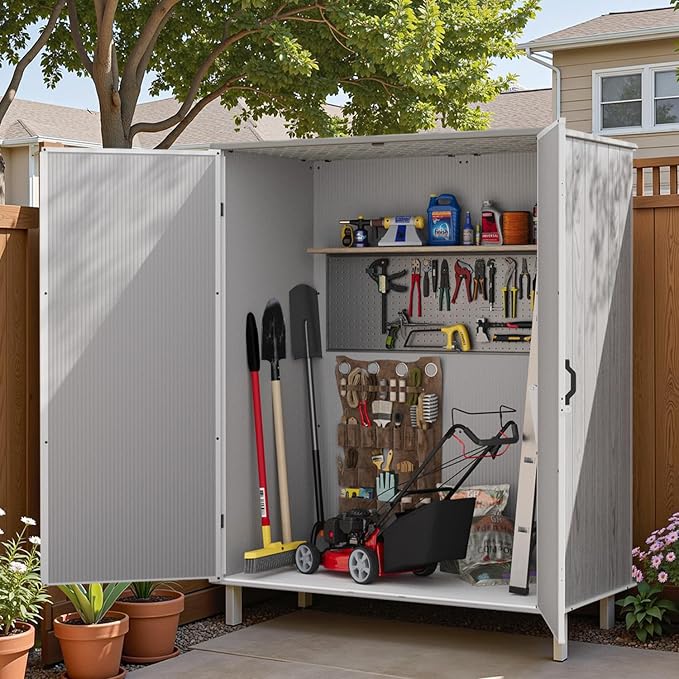 Patiowell 5x3 FT Resin Outdoor Storage Shed with Floor, Plastic Waterproof Outdoor Storage Cabinet, Garden Organizer Shed with Lockable Door for Patio Furniture, Pool Accessories, Light Gray - Image 4