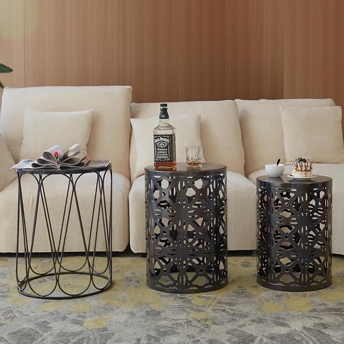 Y&M Set of 3 End Tables, Nesting Metal Round Coffee Table, Heavy Duty Metal Plant Stand Garden Stool, Outdoor Multifunctional Use Black with Bronze (Ship from US) - Image 8