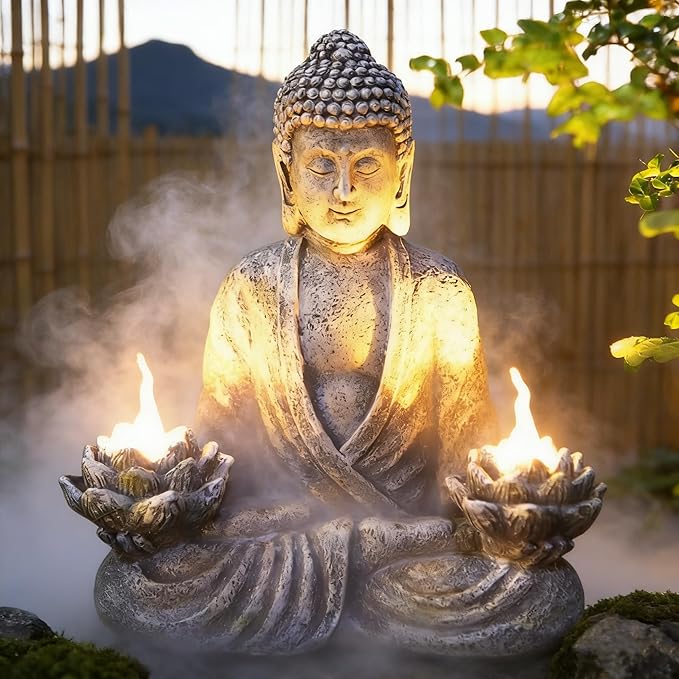 Buddha Statue Zen Sculpture 11.4in Yoga Garden Decor with LED Solar Lotus Lights, Sitting Meditating Buddha Serene Resin Figurine for Patio Yard Lawn Ornaments,Inside or Outside
