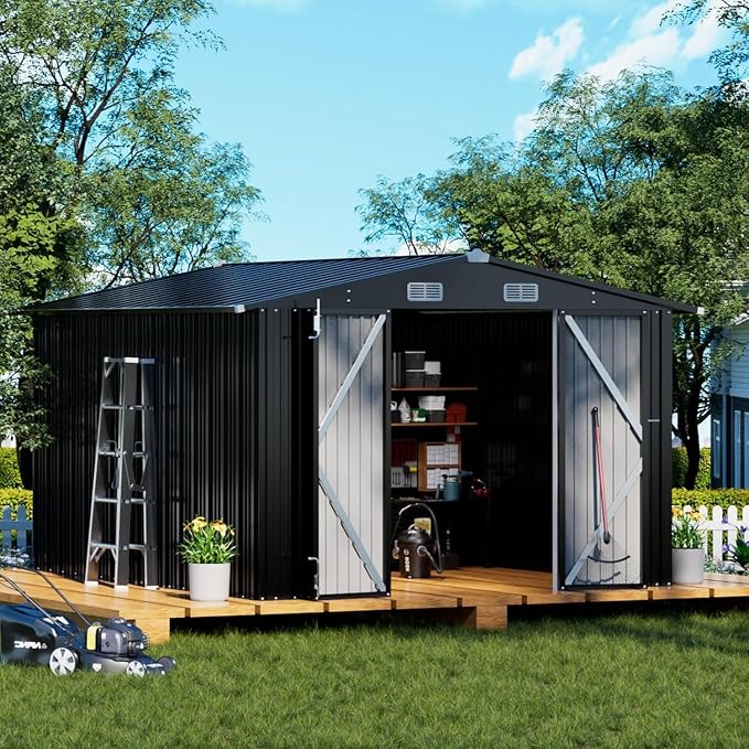 COMHOMA Shed Outdoor Storage Shed Metal,Lockable Doors Tool Sheds with Sloping Roof,Steel Garden Shed with Air Vent for Backyard,Patio,Lawn,Poolside(Grey,10'x12') by ComHoma