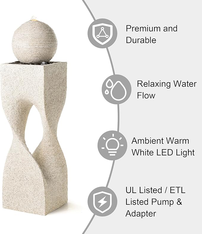 Glitzhome Outdoor Water Fountain with Lights, Outdoor Fountain with Pump, 36.5" H Modern Faux Terrazzo Geometric Pedestal and Sphere Polyresin Garden Fountains for Patio, Balcony, Yard Or Home Decor