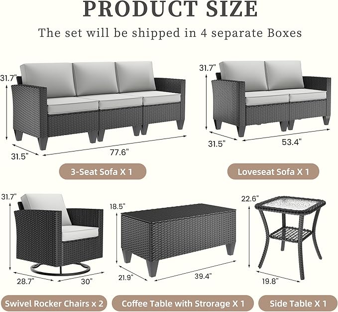 UDPATIO Patio Furniture Set, 6 Pieces Outdoor Furniture Sets with Rocking Swivel Chairs, Wicker Rattan Outdoor Conversation Set with Storage Table and Waterproof Covers for Backyard, Light Grey