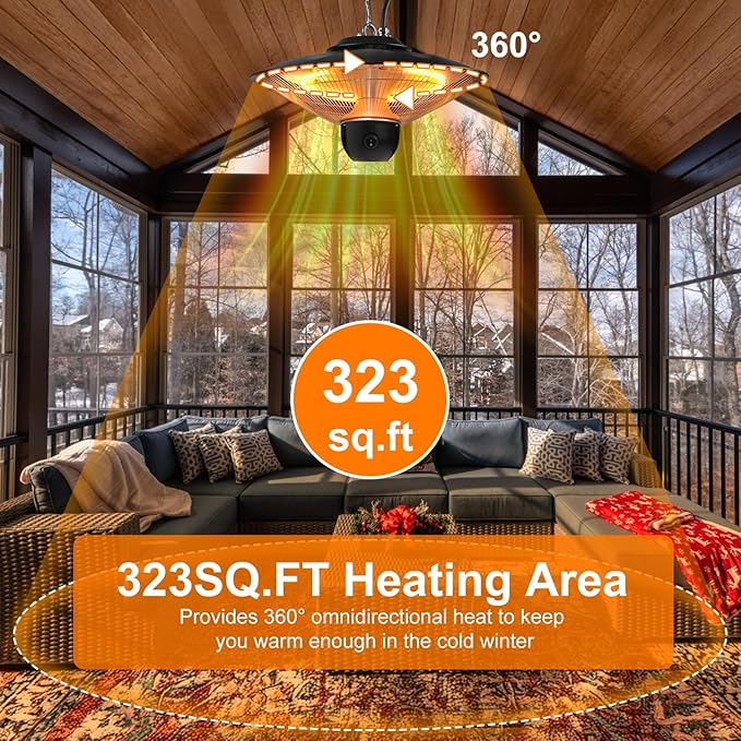Outdoor Patio Heater, 1500W Electric Infrared Hanging Patio Heater for Outdoor Use, Ceiling Mounted IP23 Waterproof with 3 Heating Levels 30/60Mins Timer, for Porch Garage Balcony