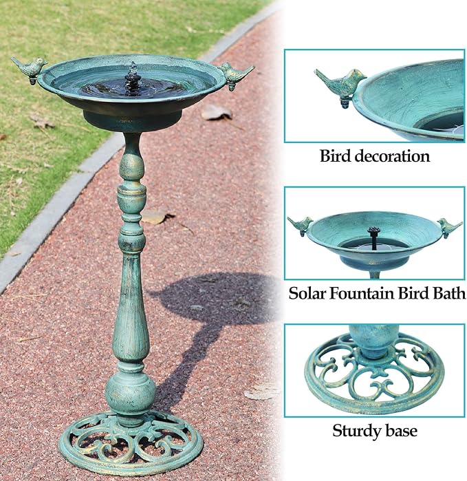 26.6" H Solar Bird Bath, Cast Iron Bird Bath and Solar Fountain, Outdoor Metal Bird Bath Bowl for Outdoors,Patio Yard Lawn Decor