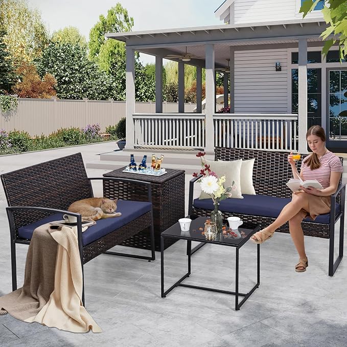 FHFO 4 Piece Outdoor Patio Furniture Set with Built-in Beverage Cooler Storage Box, Wicker Conversation Sets Patio Outdoor Loveseats & Coffee Table for Outside, Garden, Balcony, Porch, Brown/Blue