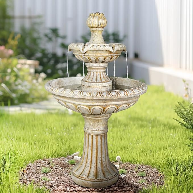 SunJet 40.5" High 3-Tiers Modern Concrete Outdoor Water Fountain - Round Large Outdoor Fountains and Waterfalls for Garden, Patio, Yard, and Deck Decor, Featuring Natural Stone Look (Ivory, 40.5 inch)