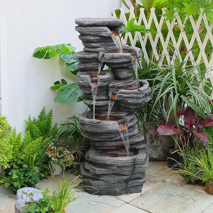 42.5" H Garden Outdoor Water Fountain with LED Lights & Pump, Mutiply-Tier Cascading Outdoor Fountain for Garden,Patio,Porch,Backyard,Home Art Decor