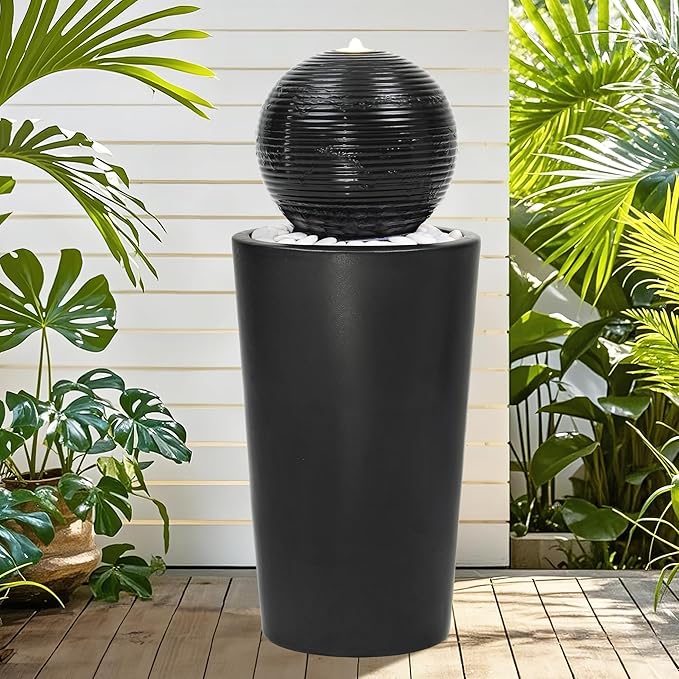 30" Ceramic Sphere Outdoor Fountain, Modern Pedestal Water Feature with LED Lights, Soothing Cascading Waterfall for Garden Patio Yard Deck or Porch Relaxing, Matte Black Glaze, White Pebbles