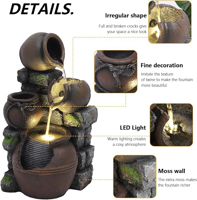 TITIMO Outdoor Water Fountain with Flower Pot and Lights - Cascading Pitchers Farmhouse Fountains and Waterfalls, Garden Fountain Patio Decor, Waterfall Fountains Indoor and Outdoor