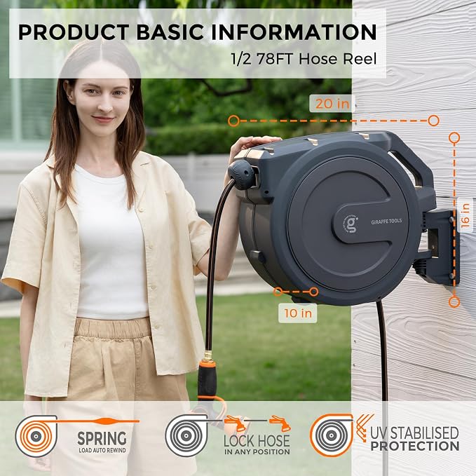 Giraffe Tools Hose Reel 1/2‘’ 78 ft, Heavy Duty Retractable Garden Hose Reel with Any Length Lock, Slow Return System, Wall Mounted and 180 Deg Swivel Bracket - Image 4