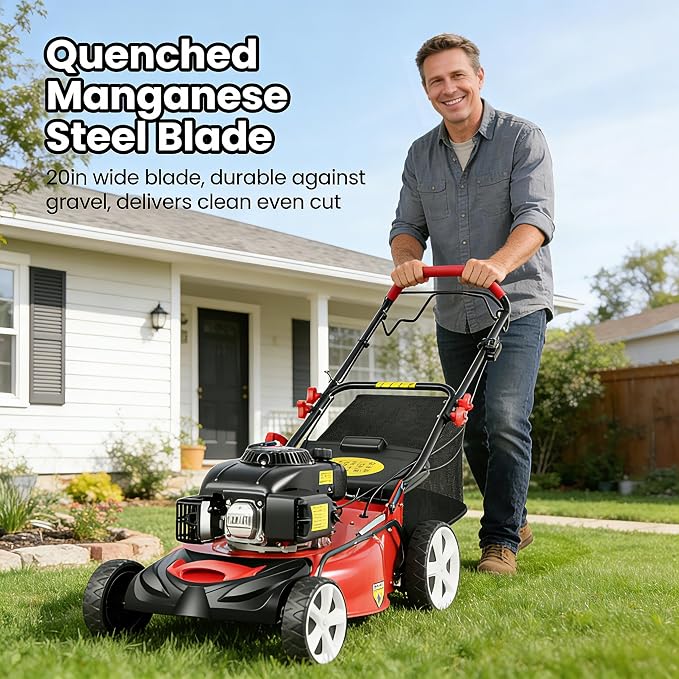 Self-Propelled Gas Lawn Mower, 140CC 5HP 4-Stroke OHV Engine, 20in Cutting Width 8 Adjustable Heights (1-3.2in), 15.9Gal Grass Bag for Yard Garden Lawn Maintenance - Image 4