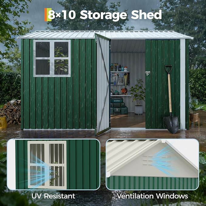 10x8 FT Outdoor Storage Shed, 450 Cu Ft Weather Resistant Garden Shed with Gable Roof & Grid Window, Multi-Use Shed for Bikes, Lawn Mowers, Patio Supplies & Pet Shelter - Image 3