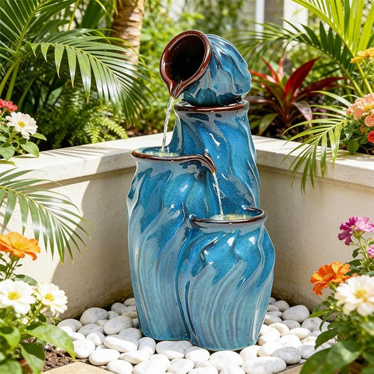 29" Outdoor Water Fountain, Ceramic Outdoor Fountain, Stacked 4-Tier Pots Waterfalls for Garden, Patio, Yard, or Porch Decor, Creating Relaxing Serene Oasis, Dynamic Wave-Texture, Turquoise