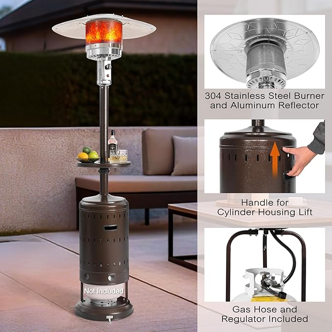 Nuu Garden Outdoor Propane Gas Patio Heater with Liftable Drink Stand and Wheels, 304 Stainless Steel Burner Patio Heater for Backyard, Garden, Porch, Brown