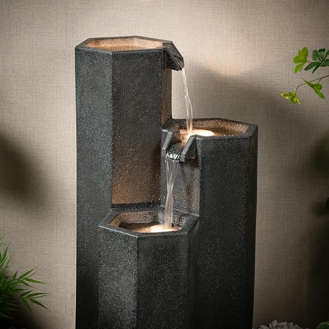 27.95“” H 3-Tiers Cascading Outdoor Water Fountain Made with Eco-Friendly Recyclable Materials, Polyethylene Waterfall Fountain, Outdoor Decor with LED Lights for Patio, Backyard