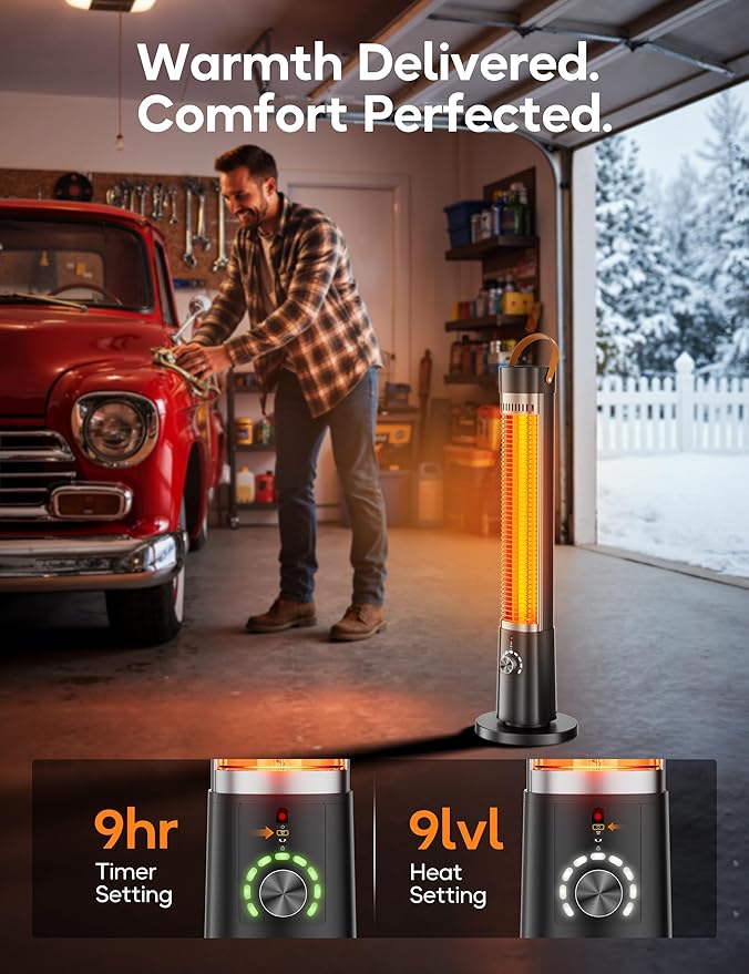 Outdoor Heater for Patio w/Remote, 1500W, 60° Oscillation, 9H Timer, 9 Heat Level, Tip-Over/Overheating Protection, Safety Lock, for Garage Porch Office Black