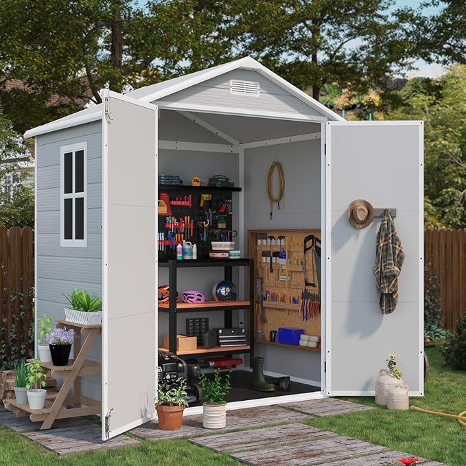 Patiowell 6x4 FT Resin Outdoor Storage Shed with Floor, Plastic Storage Shed with Lockable Door, Outside Shed Perfect to Store Patio Furniture, GardenTools Bike Accessories, Lawn Mower, Light Gray by Patiowell