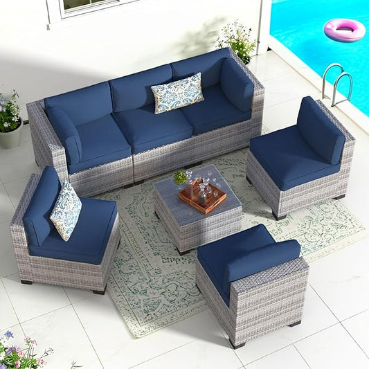 7 Piece Patio Furniture Set, Rattan Outdoor Patio Conversation Sets, Outdoor Sectional Furniture with Thickened Cushion and Coffee Table, for Deck, Backyard, Garden, Off-White & Dark Blue