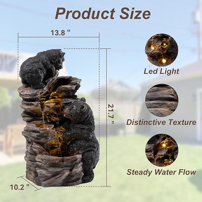 21" Outdoor Water Fountain with Lights, 4-Tiered Black Bear Family Cascading Water Fountain, Outdoor Garden Waterfall Decor for Garden, Patio, Courtyard