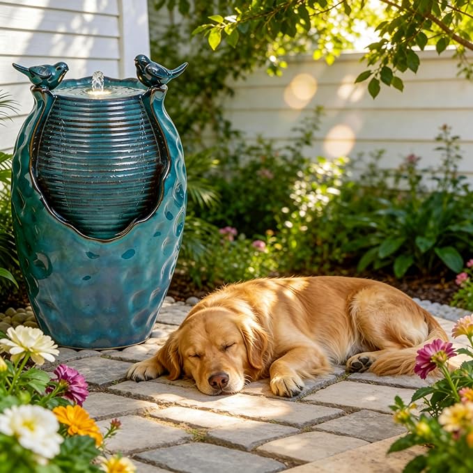 24.8" H Ceramic Jar Outdoor Water Fountain with LED Lights & Bird Accents, Elegant Turquoise Glaze with Bubble-Like Texture, Decorative Garden Water Feature