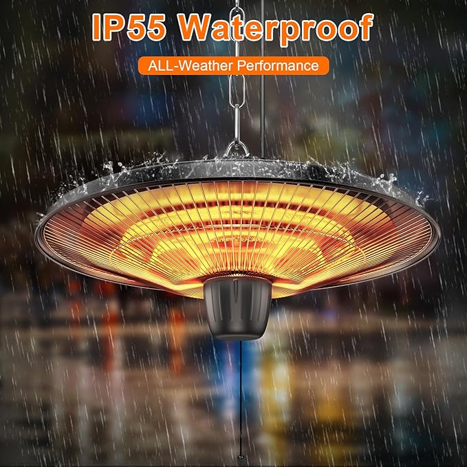 Uniflasy 1500W Electric Hanging Patio Heater - 3s Fast Heating with IP55 Waterproof Protection for All Weather Use, 2 Adjustable Heat Settings, Perfect for Gazebo, Balcony, Living Room, and Courtyard
