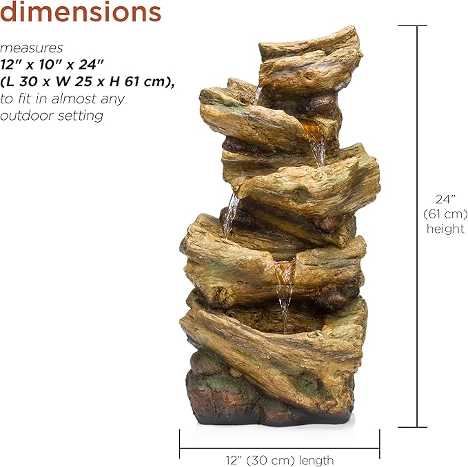 Alpine Corporation TZL226 Outdoor 4 Tier Log Tree Trunk Waterfall Floor Fountain with LED Lights, Tiered Garden Décor, 24" H, Brown