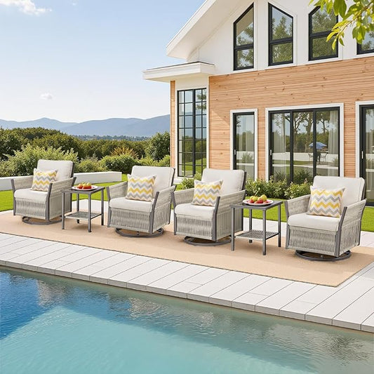 6 Piece Wicker Patio Furniture Set with Side Table, Outdoor Swivel Rocker Chairs Set of 4 with Glass Side Tables Set of 2, Patio Conversation Set for Casual Gathering (Beige)