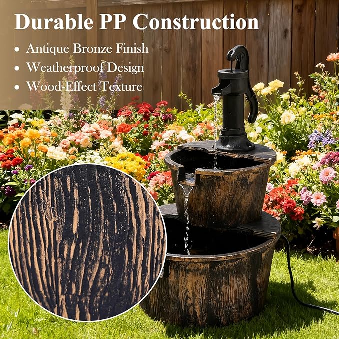 Athena Collection 27'' Height Electric Waterfall Fountain 2 Tier Stepped Barrel Vintage Fountain Polypropylene with Pump Freestanding Floor Tabletop Fountain for Outside, Patio, Garden, Bronze