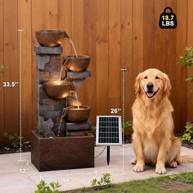 5 Tiers Solar Outdoor Water Fountain - 33.5" H Shape K Indoor Waterfall Fountain with LED Lights for Patio, Balconies, Lawns, Deck, Porch Backyard and Home Art Decor