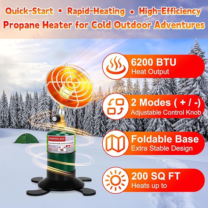 Portable Propane Heater for Camping, Outdoor Space Patio Heater, Powerful Output Compact Radiant Gas Heaters with Foldable Tank Holder for Winter Tent Hunting Ice Fishing Hiking Backyard Garage