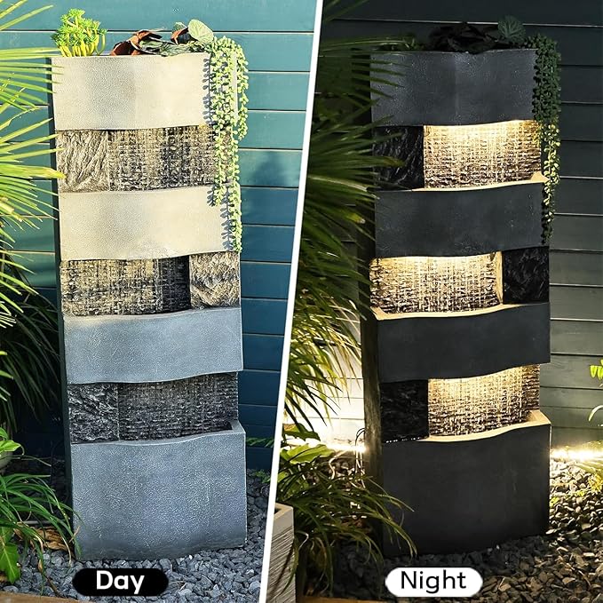 40.5" H Indoor Outdoor Modern Water Fountain with Lights and Pump, Tall 4-Tier Outdoor Freestanding Cascading Waterfall Fountain for Garden, Porch, Yard, Landscape, Indoor Décor, Grey
