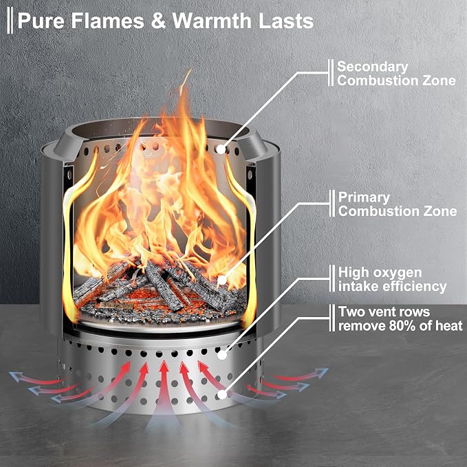 15 Inch Smokeless Fire Pit with Removable Ash Pan, Fire Pits for Outside Wood Burning, Portable Bonfire Outdoor Firepit, Waterproof Bag & Poker Included, Stainless Steel, Camping Backyard - Image 4