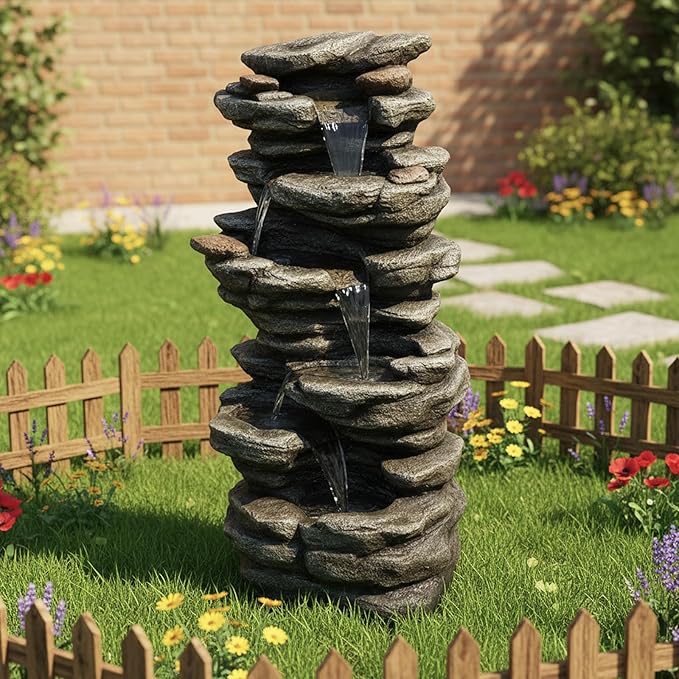 Naturefalls 40inches High Outdoor Rock Water Fountain with LED Lights - 6-Tiers Poly-Resin Cascading Waterfall Fountain for Garden, Patio, Yard, Home Decor