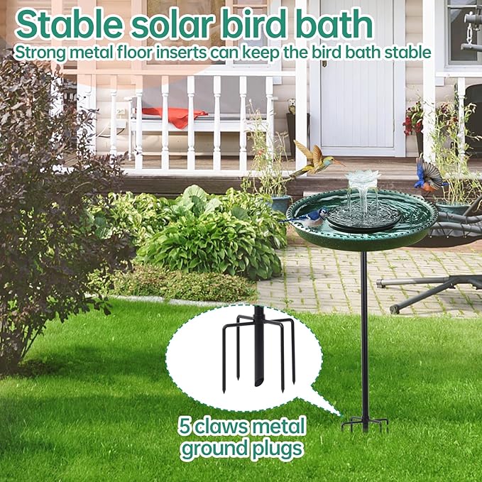 Solar Powered Bird Bath with Fountains for Hummingbirds,Stable Stylish Design with 5-Prong Base Stake Plastic Bird Bath for Outside Lawn Patio Yard Garden