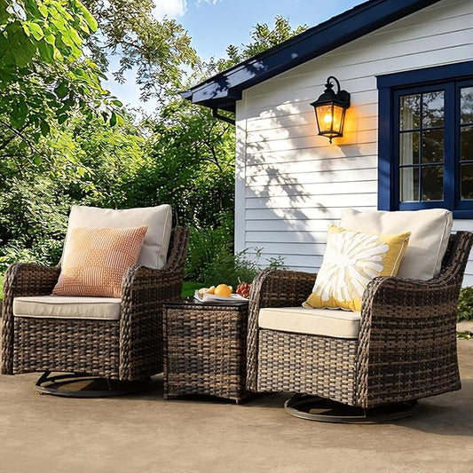 MEISSALIVVE 3 Pieces Patio Furniture Set with Swivel Chair, Outdoor Swivel Rocker with Washable Cushions & Tempered Glass Tabletop, Outdoor Rattan Conversation Set for Lawn Backyard Porch (Brown)