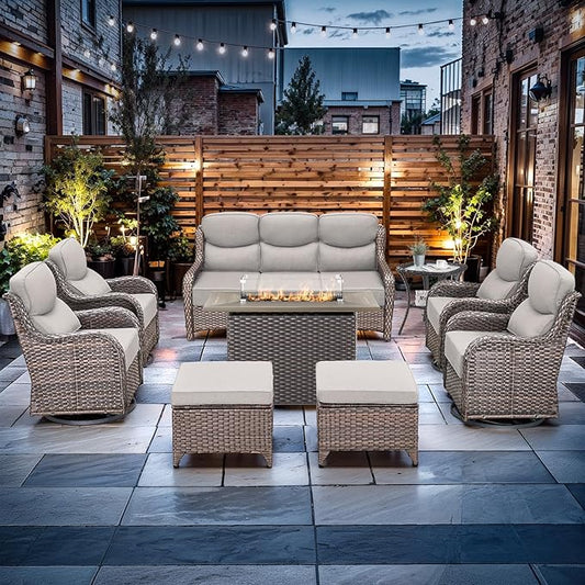 Luxury High Back Outdoor Furniture with 6-inch Extra Thick Cushions, Patio Furniture Set with Fire Pit Table & Swivel Chairs, 9 PCS Wicker Conversation Set for Yard, Deck, Poolside, Brown/Beige