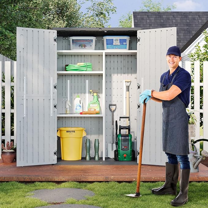 Aoxun Outdoor Resin Storage Shed with Metal Shelving Kit & Floor, 64 Cu.Ft Vertical Waterproof Storage Cabinet for Garage, Pool, Bike, Garden Tools, Patio Furniture (White) - Image 3