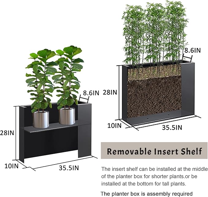 Metal Rectangular Planter Box, Galvanized Steel Tall Planters for Outdoor Plants, 35.5"x 10"x 28" Black Outdoor Planters for Porch/Patio/Garden
