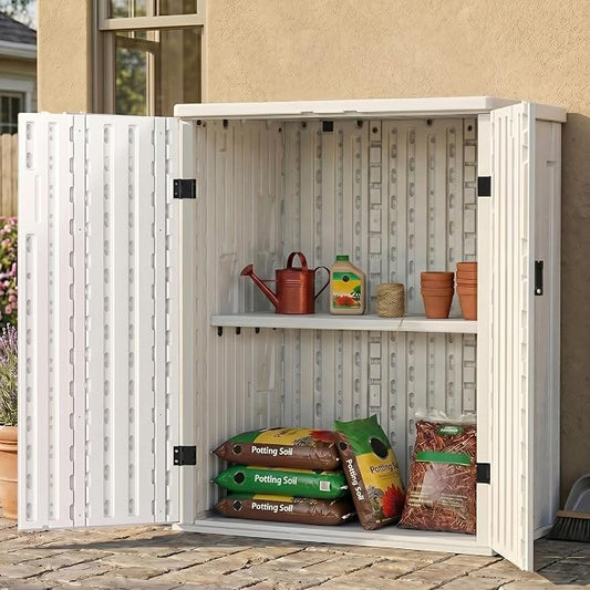 EHHLY Heavy Duty Small Storage Cabinet Outdoor Weatherproof, 14 Cuft Garage Storage Cabinet with 2 Adjustable Shelves, Lockable Kitchen Pantry Closer Organizer, 31Wx23Lx34H, Polar White by EHHLY
